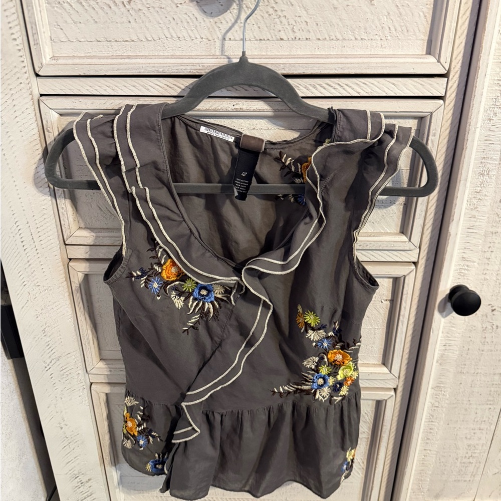 Floral Embroidered Ruffle Blouse - Charcoal